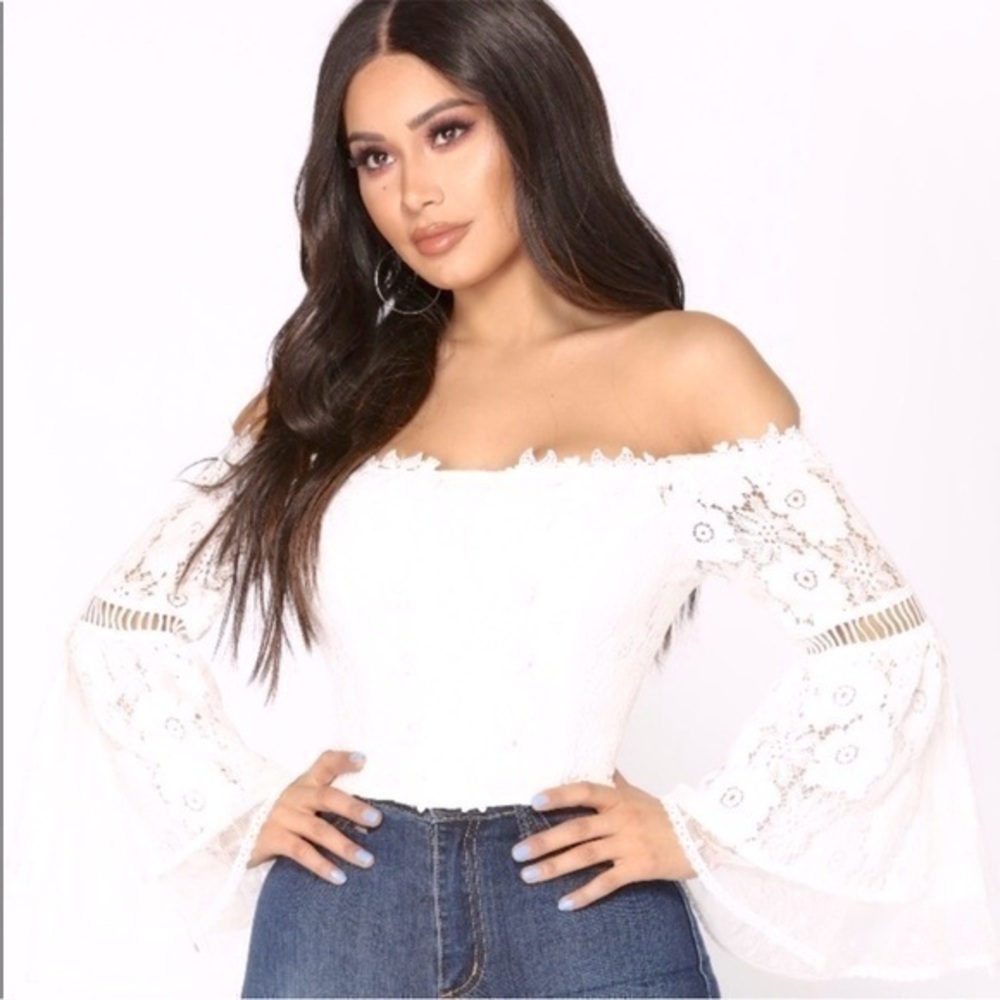 Fashion Nova Festie Bestie Bell Sleeve Lace floral appliqué crop Top